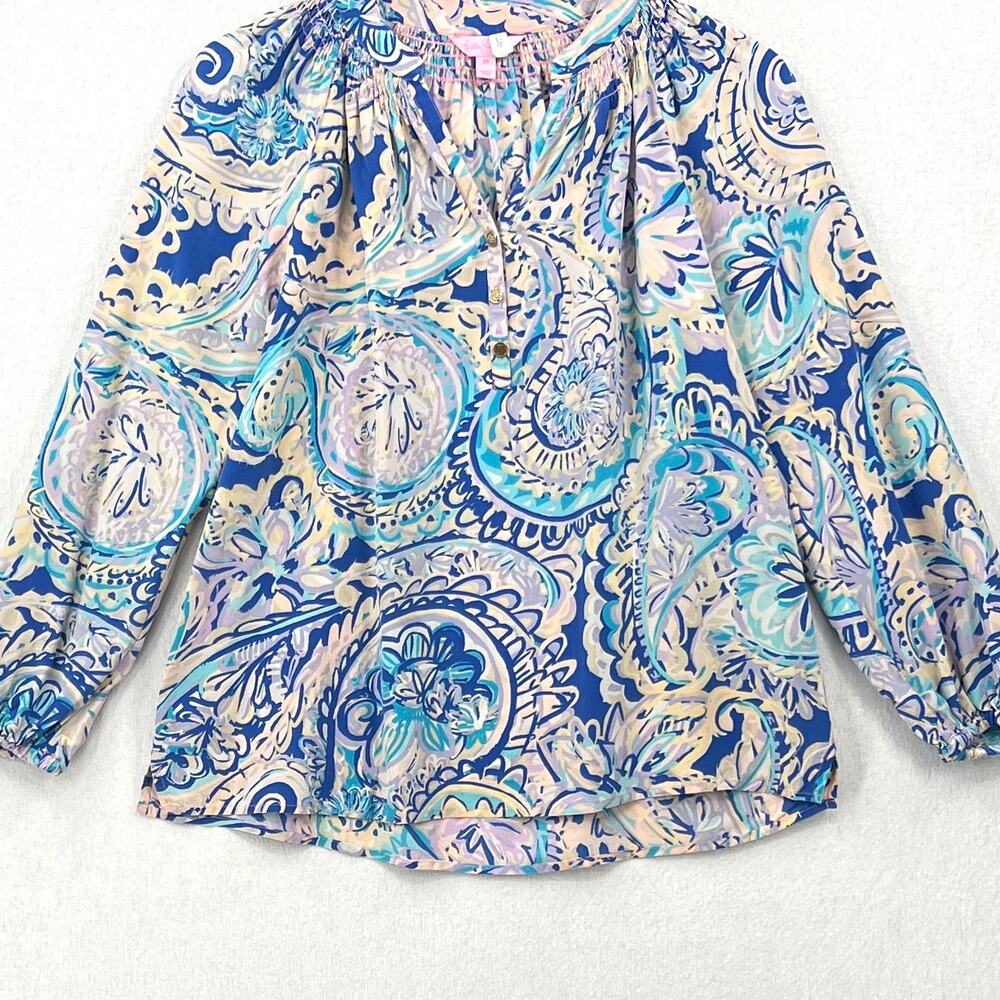 LILLY PULITZER Elsa Printed Silk Blouse Womens XS Blue Pink Long Sleeve Top FLAW - Picture 4 of 12